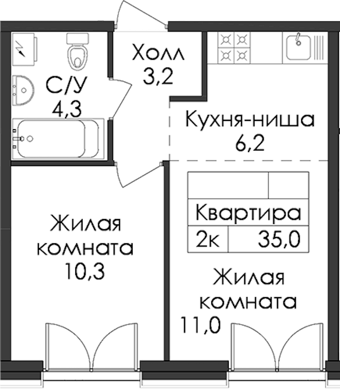 1-комнатная квартира 35 м², 2/7 эт., ЖК «Лермонтовский 54»